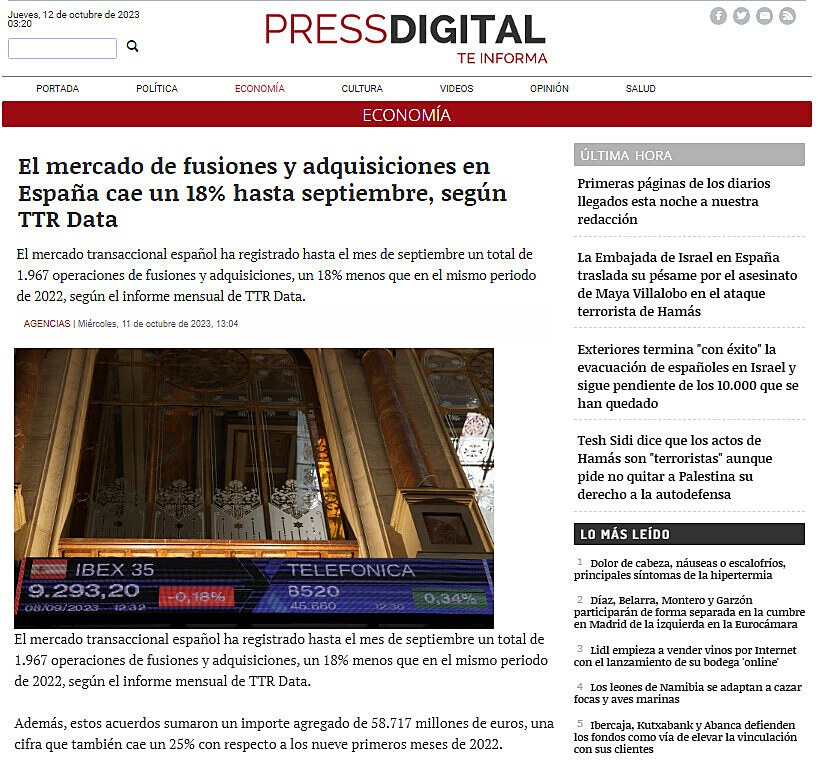 El mercado de fusiones y adquisiciones en Espaa cae un 18% hasta septiembre, segn TTR Data